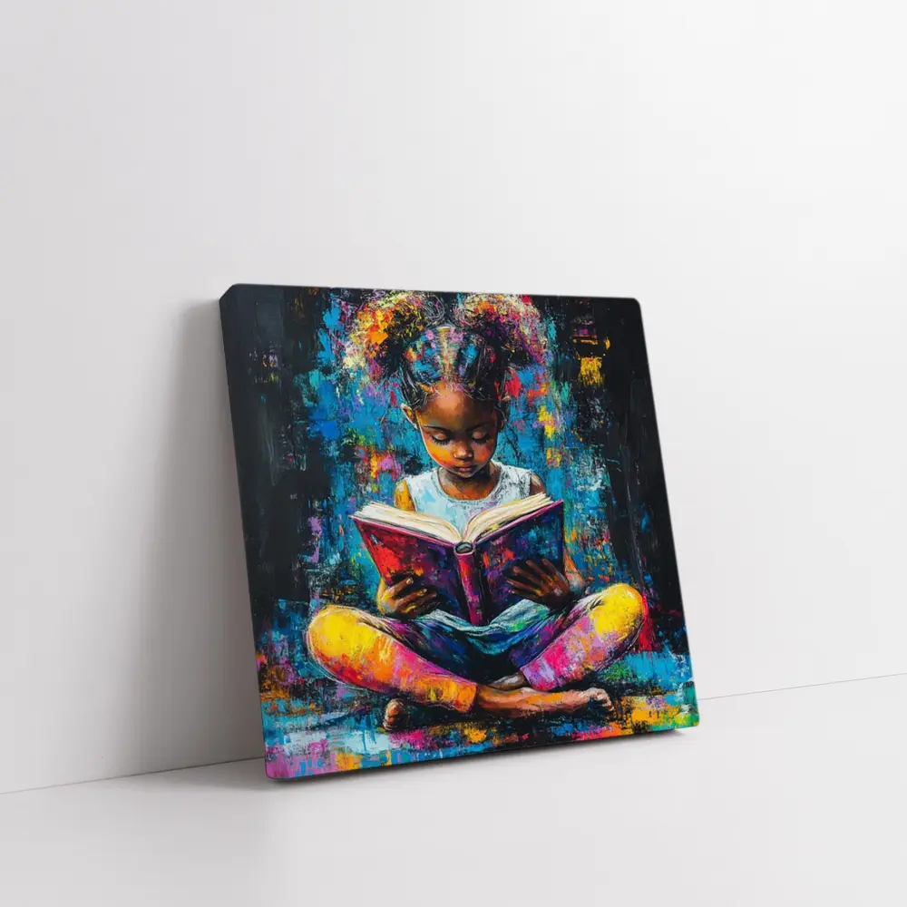 Young Girl Reading Book Colorful Painting Art – Wall Art