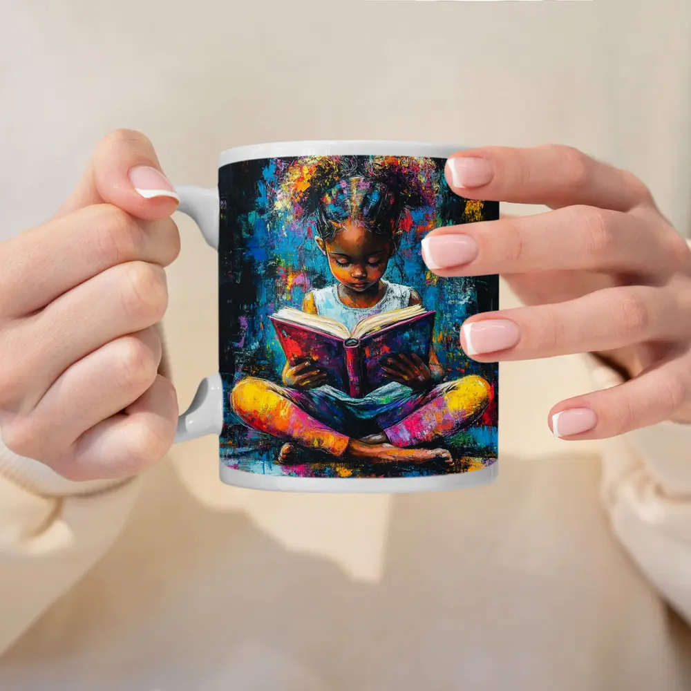 Young Girl Reading Book Colorful Painting Art – Mugs