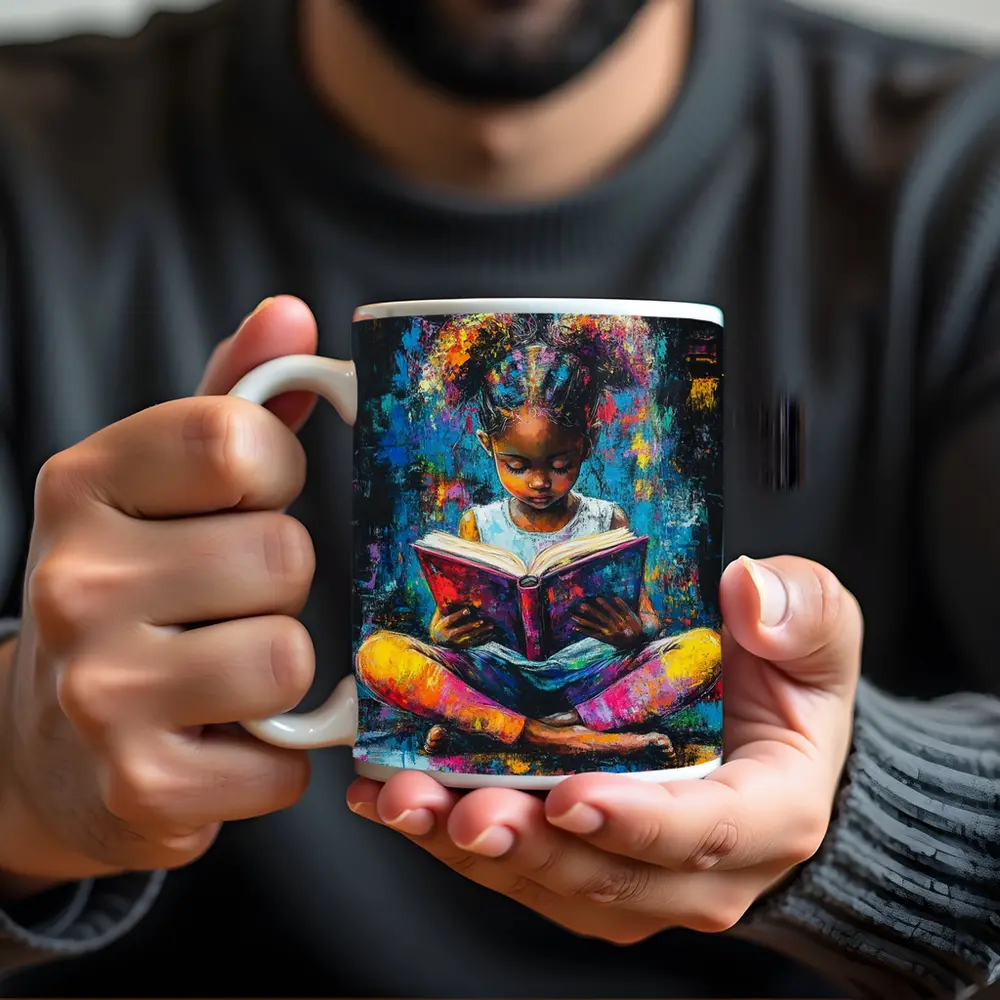 Young Girl Reading Book Colorful Painting Art – Mugs