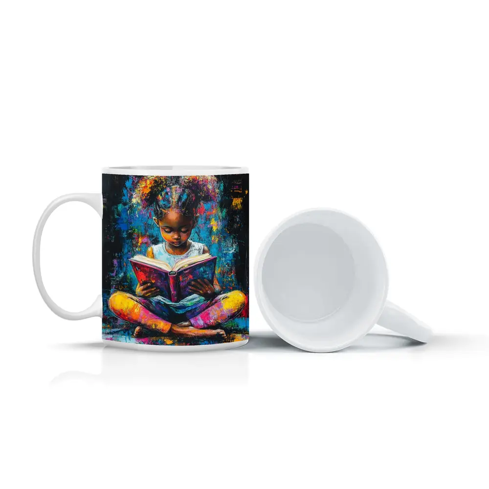 Young Girl Reading Book Colorful Painting Art – Mugs