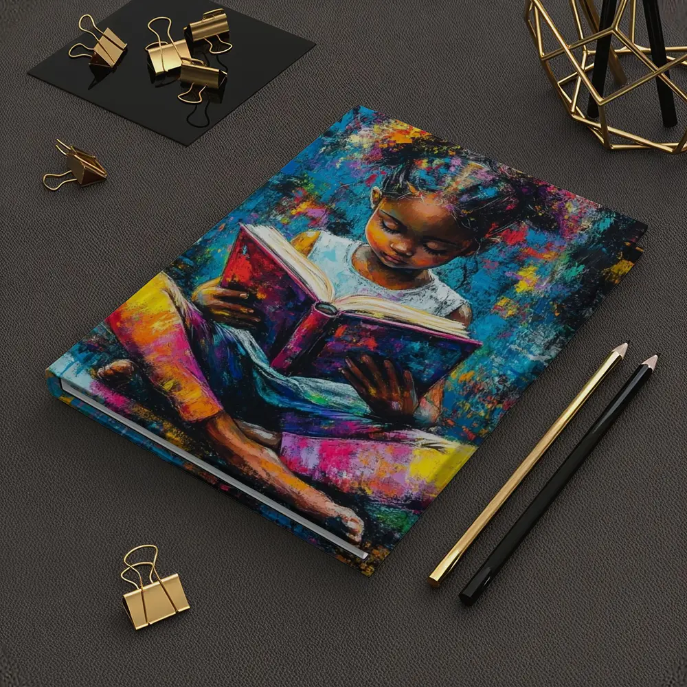 Young Girl Reading Book Colorful Painting Art – Notebooks