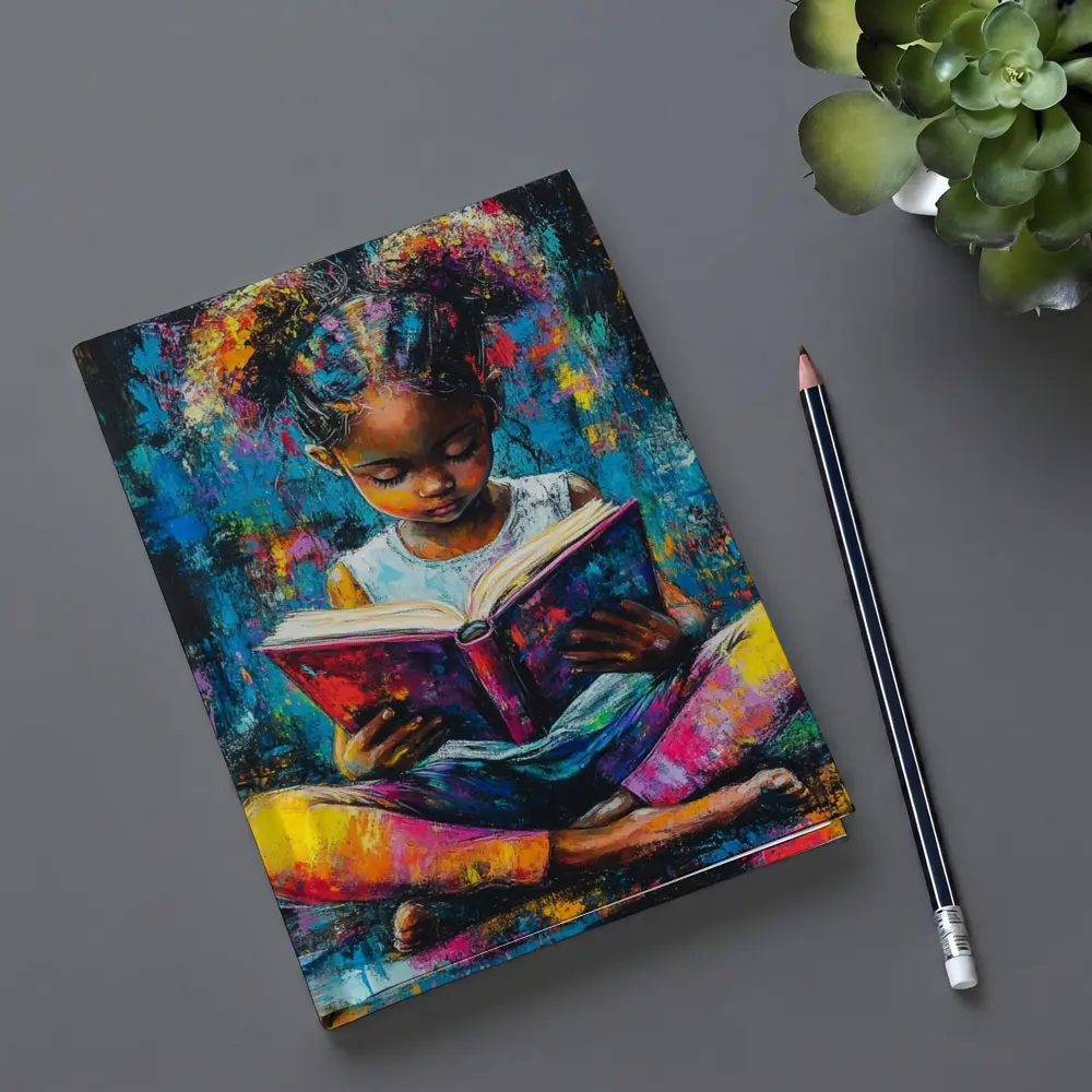 Young Girl Reading Book Colorful Painting Art – Notebooks