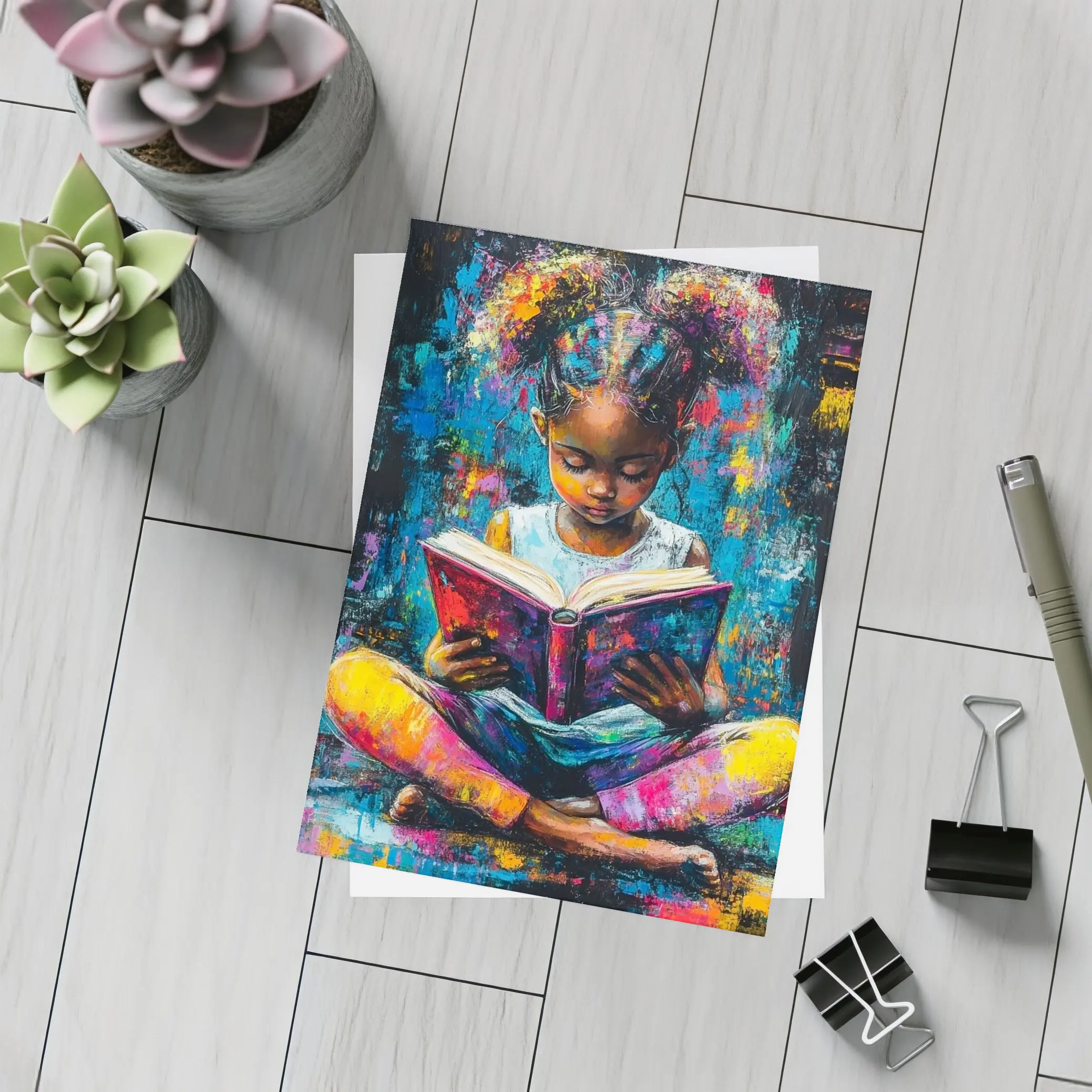 Young Girl Reading Book Colorful Painting Art – Postcards