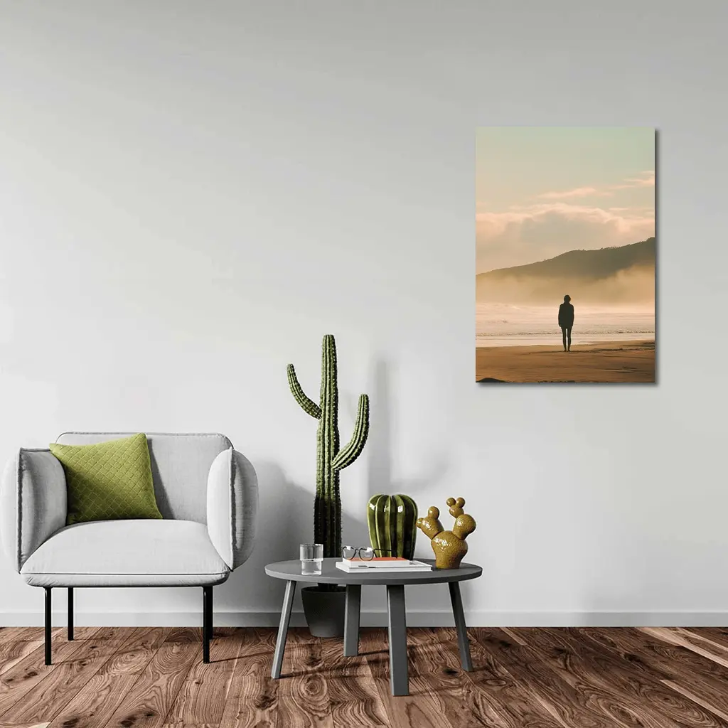 Lone Woman Standing On Misty Beach Shore – Wall Art