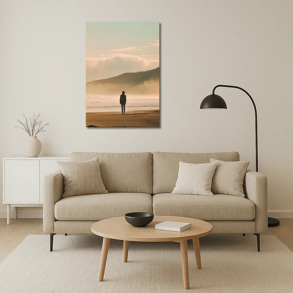 Lone Woman Standing On Misty Beach Shore – Wall Art