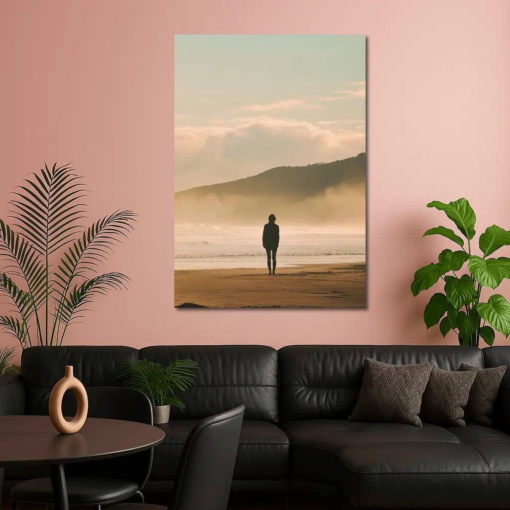 Lone Woman Standing On Misty Beach Shore – Wall Art