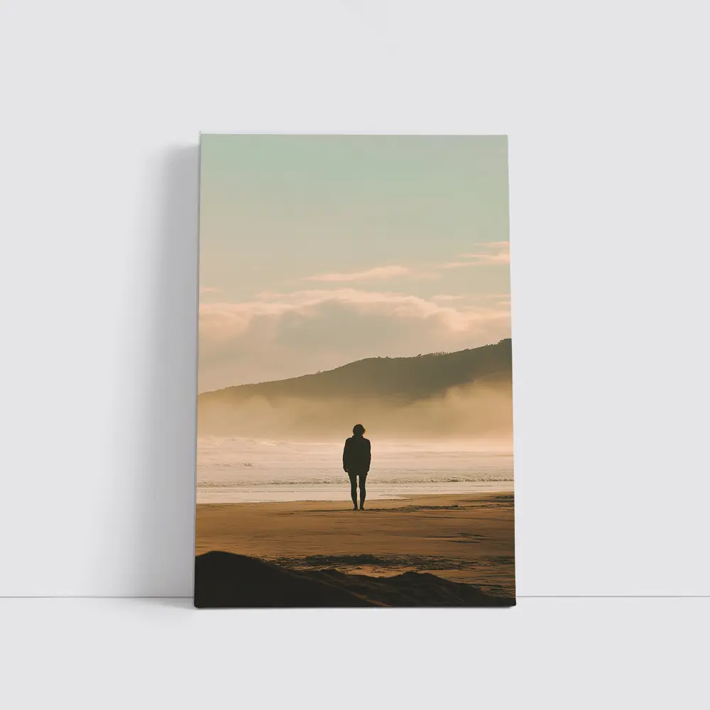 Lone Woman Standing On Misty Beach Shore – Wall Art