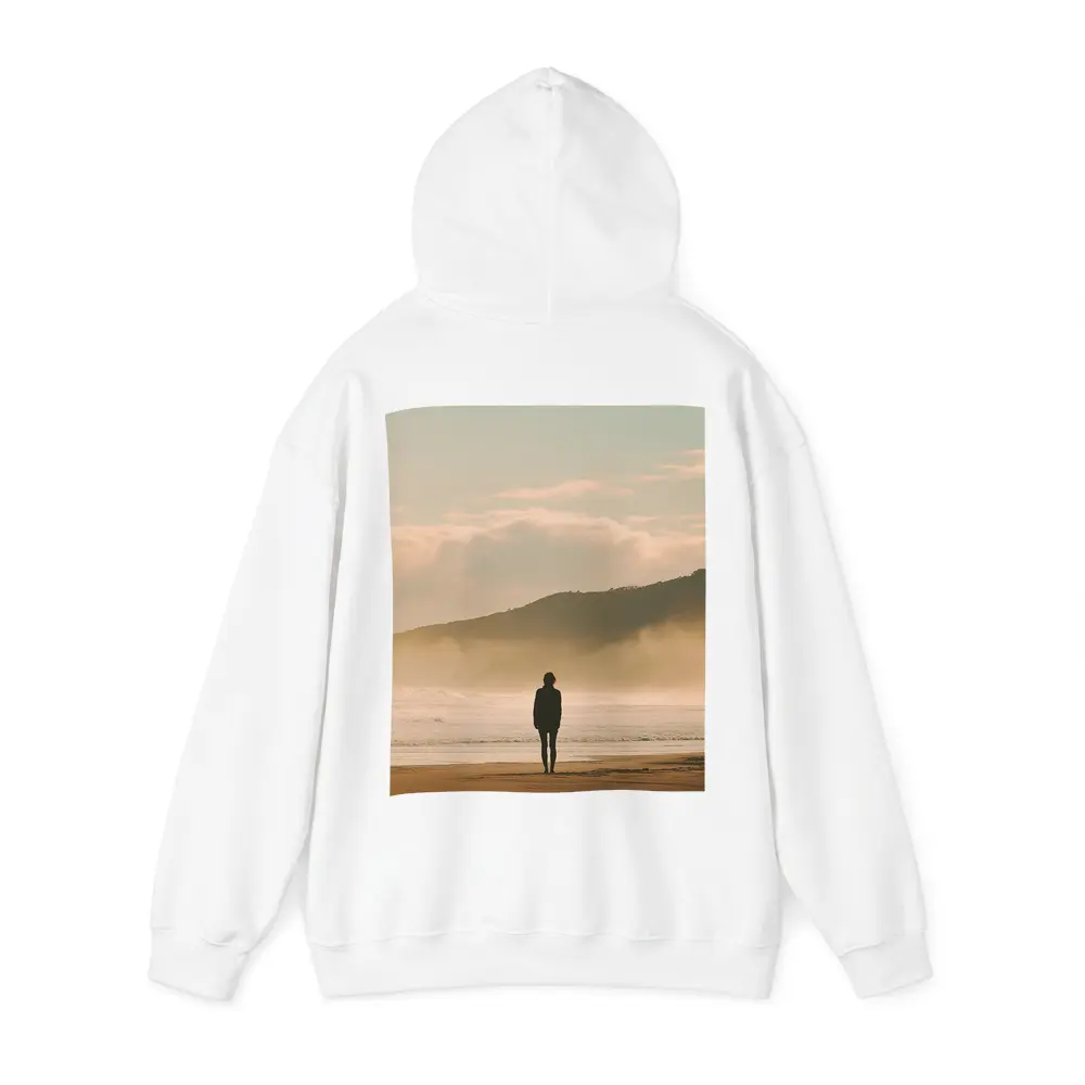Lone Woman Standing On Misty Beach Shore – Hoodies