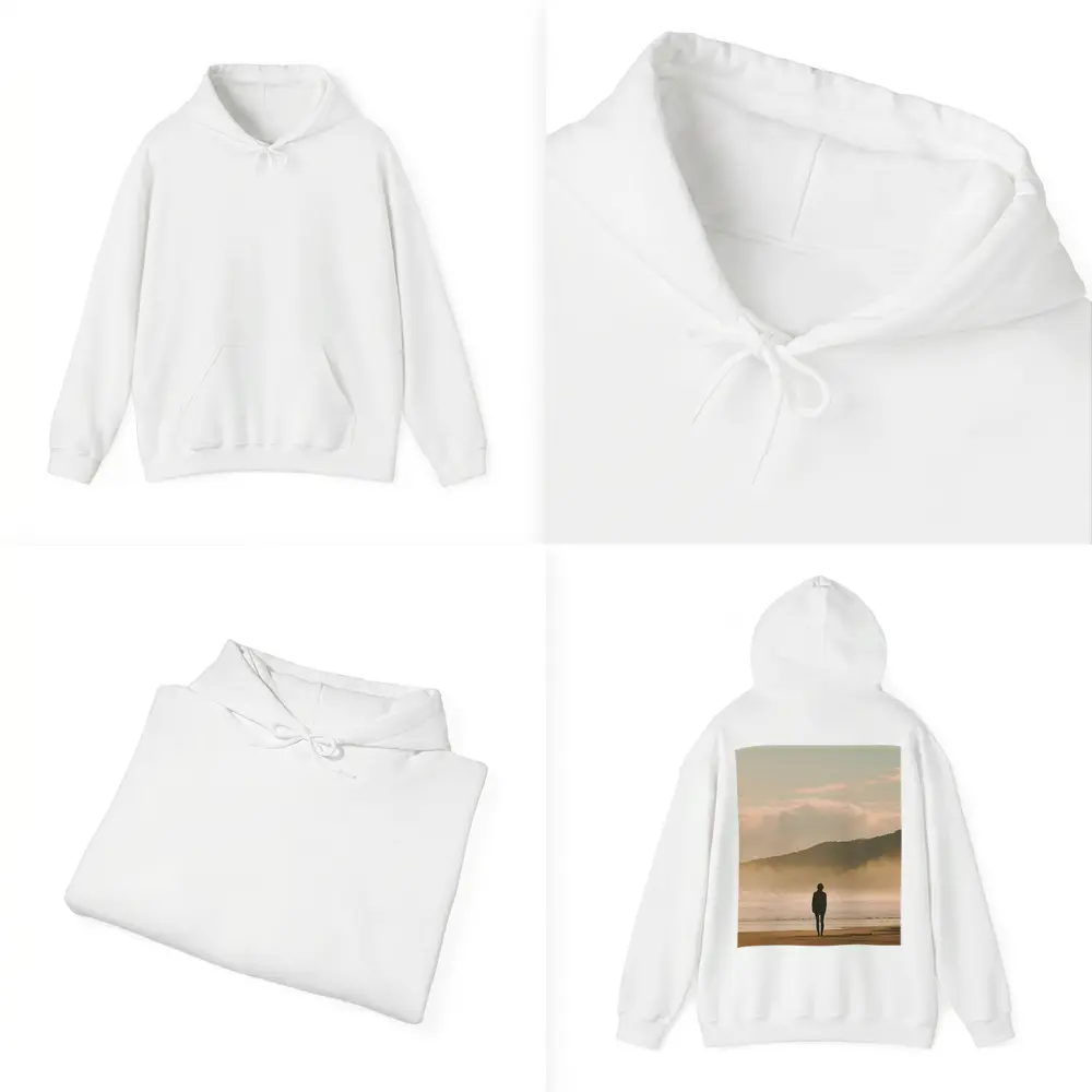 Lone Woman Standing On Misty Beach Shore – Hoodies