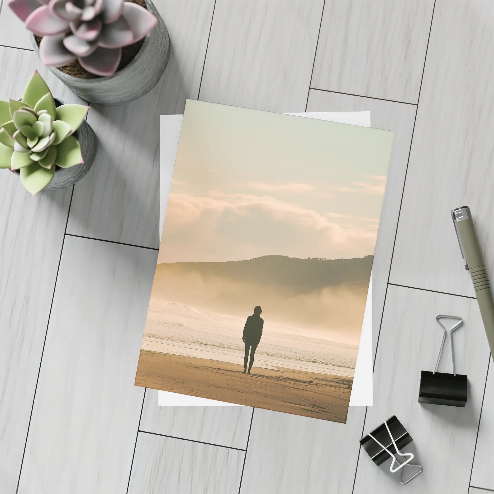 Lone Woman Standing On Misty Beach Shore – Postcards
