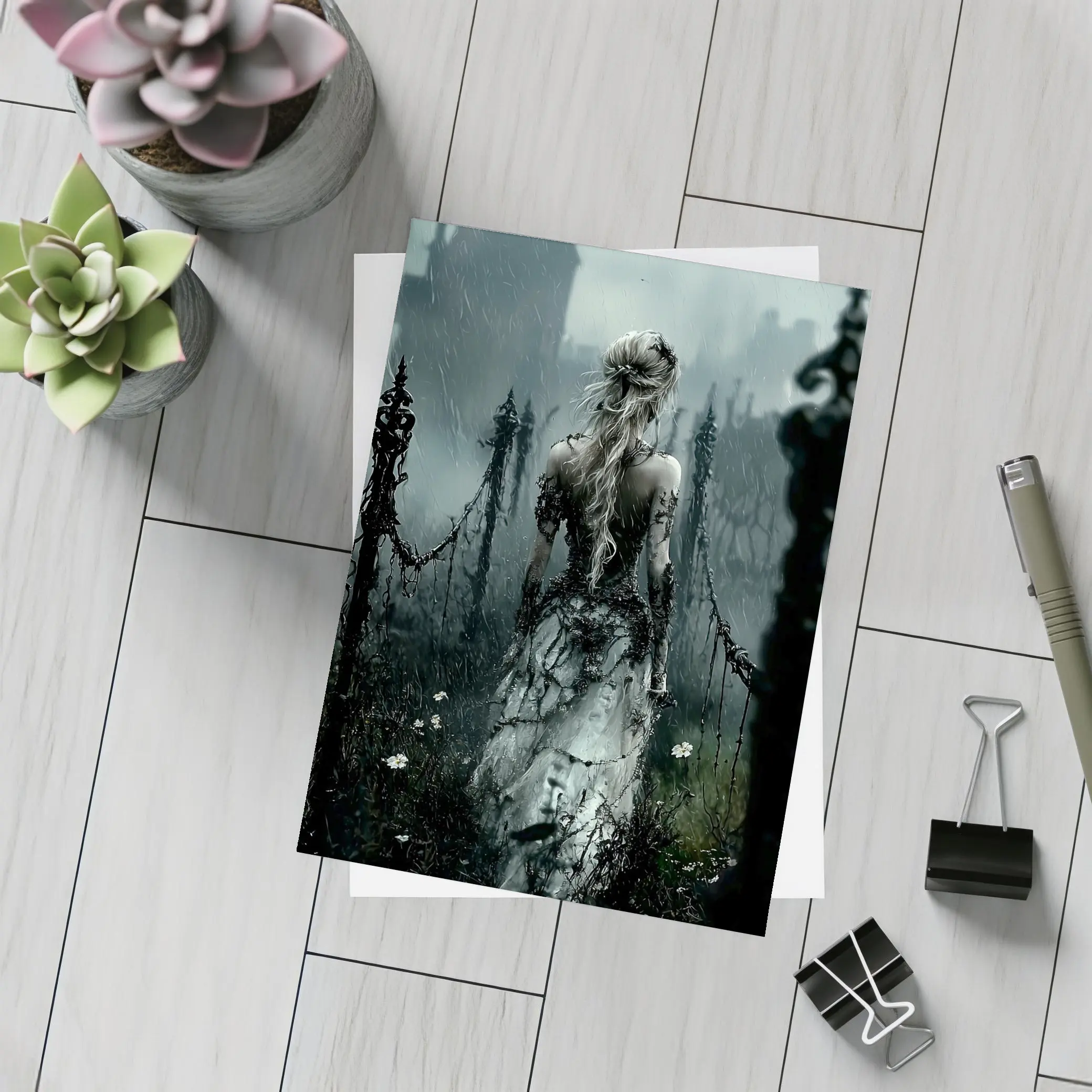 Gothic Woman Dark Rainy Castle Fantasy Art – Postcards