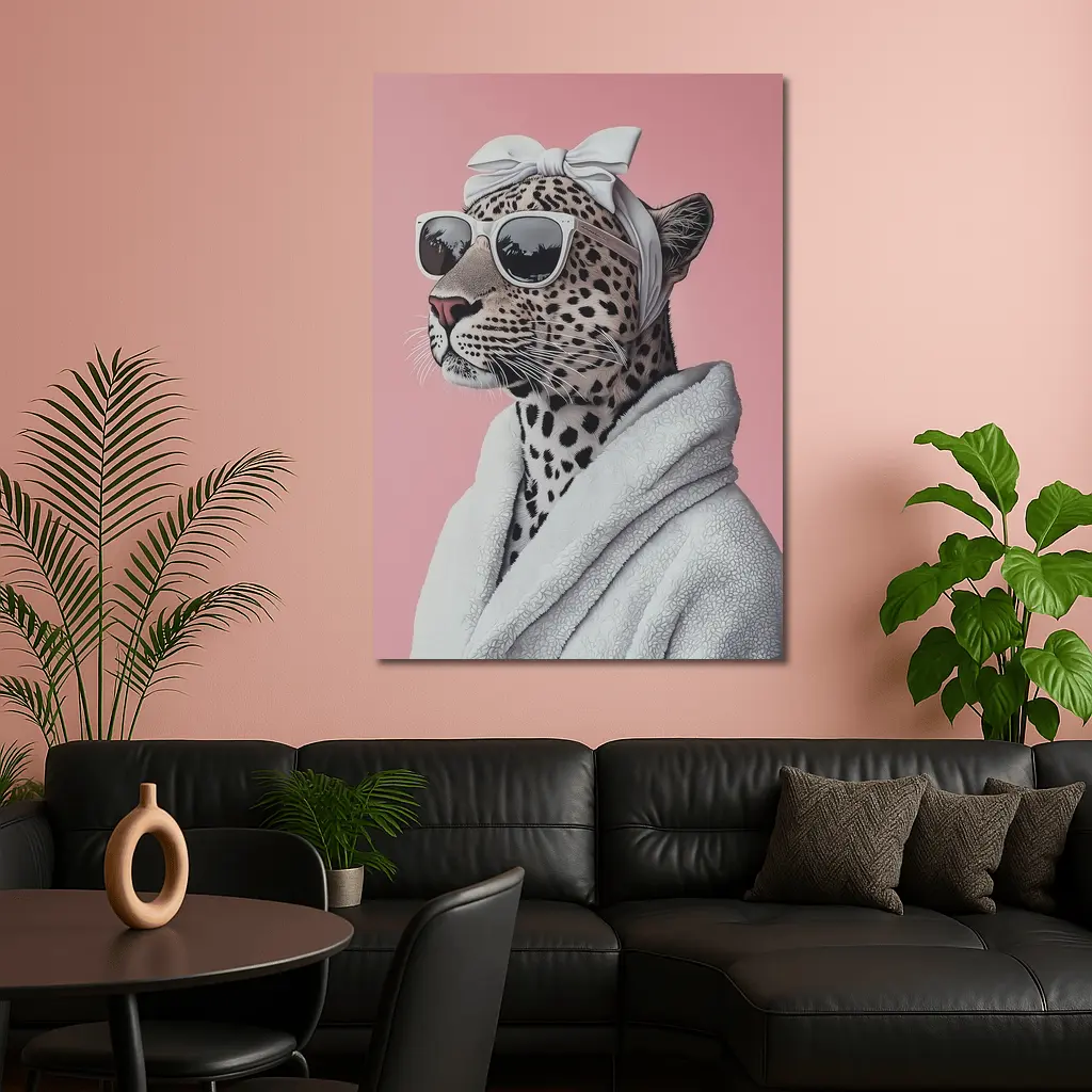 Cheetah Wearing Sunglasses White Robe Pink Background – Wall Art