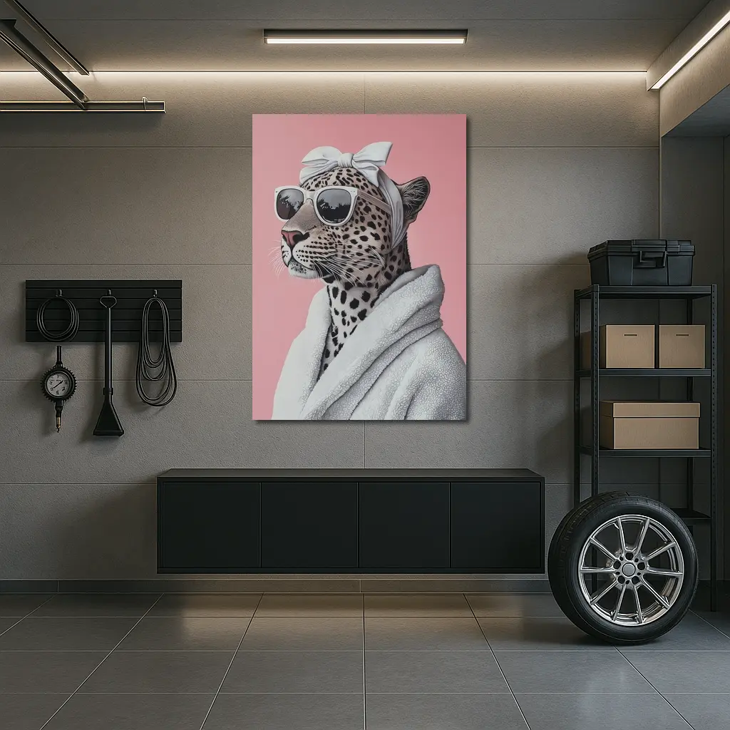 Cheetah Wearing Sunglasses White Robe Pink Background – Wall Art