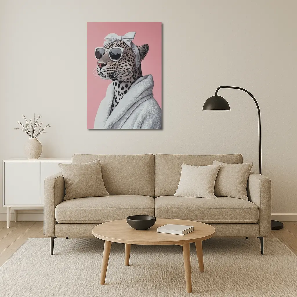 Cheetah Wearing Sunglasses White Robe Pink Background – Wall Art