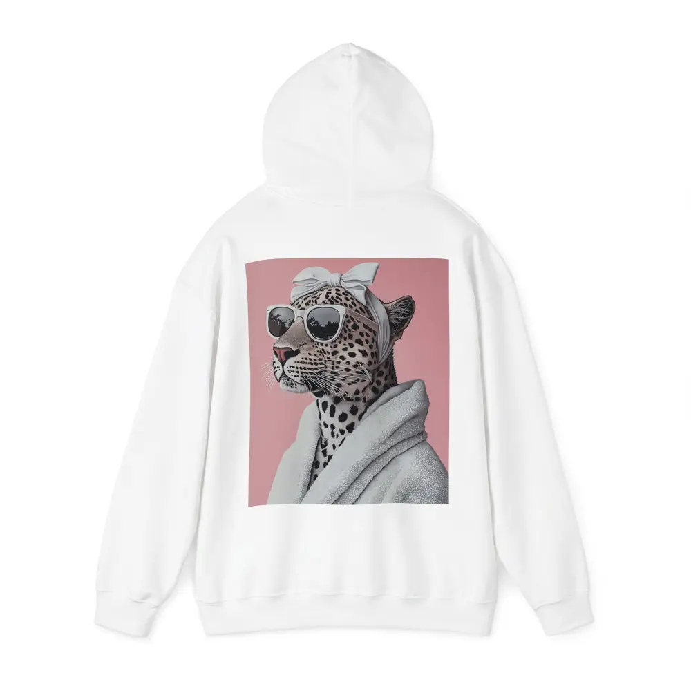 Cheetah Wearing Sunglasses White Robe Pink Background – Hoodies