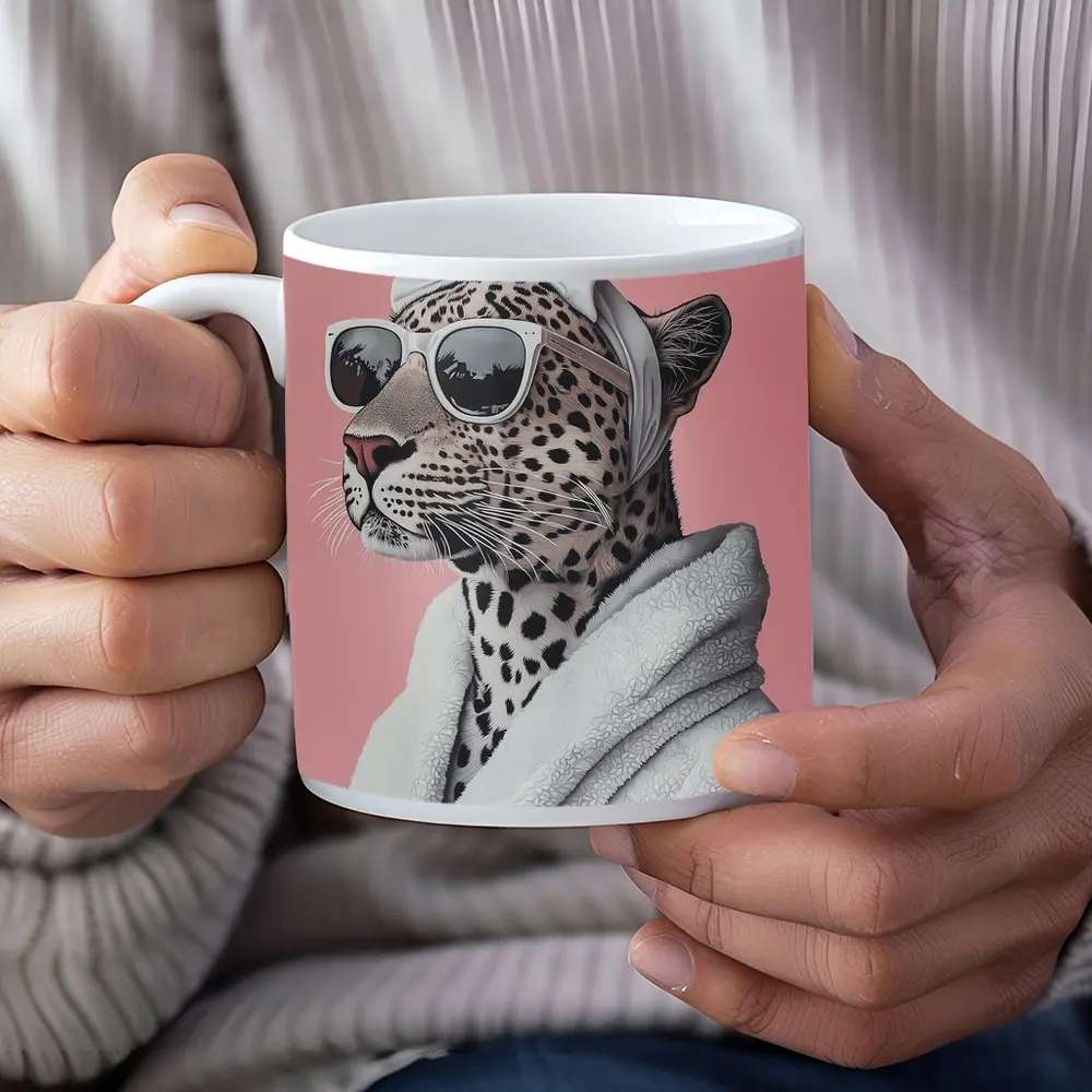 Cheetah Wearing Sunglasses White Robe Pink Background – Mugs