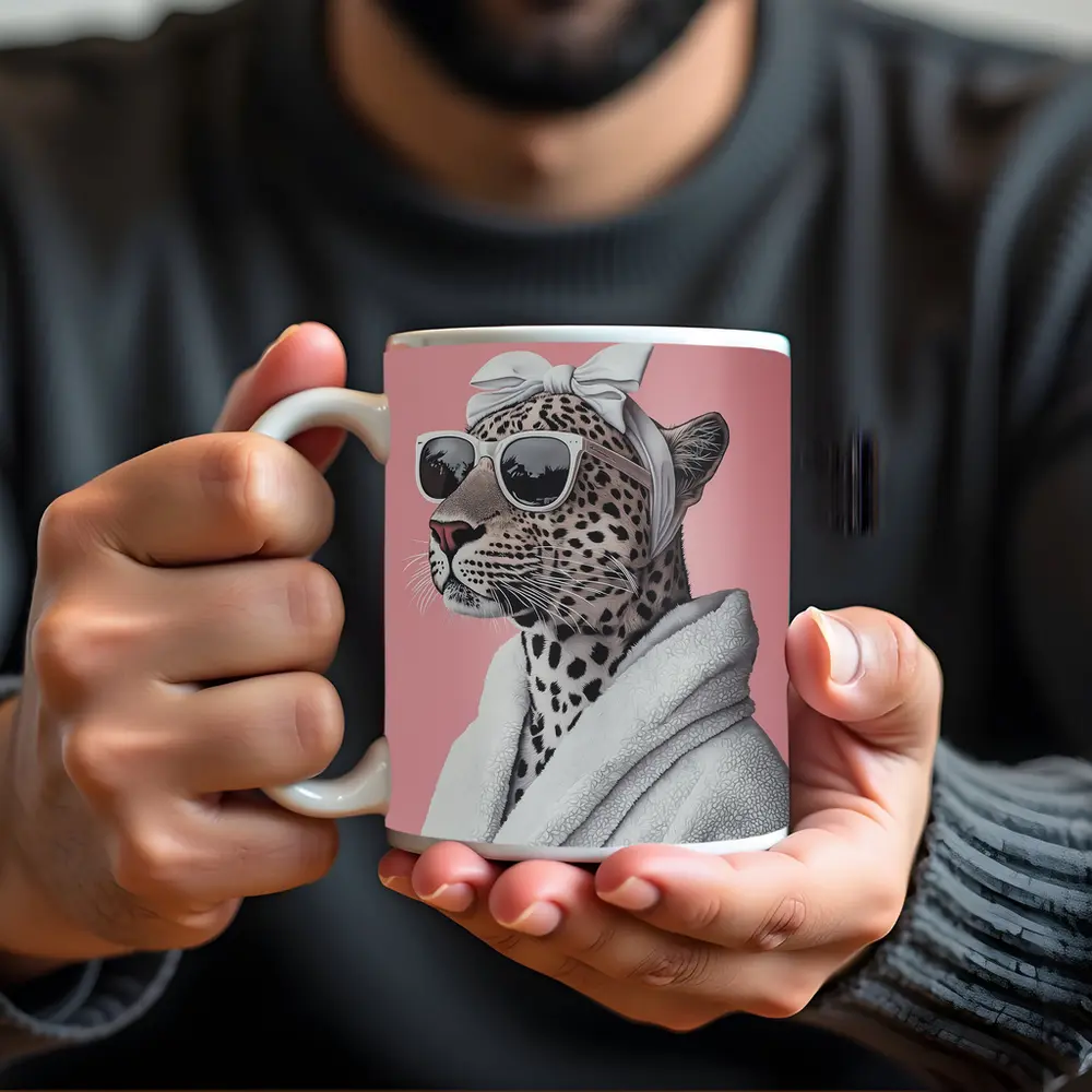 Cheetah Wearing Sunglasses White Robe Pink Background – Mugs