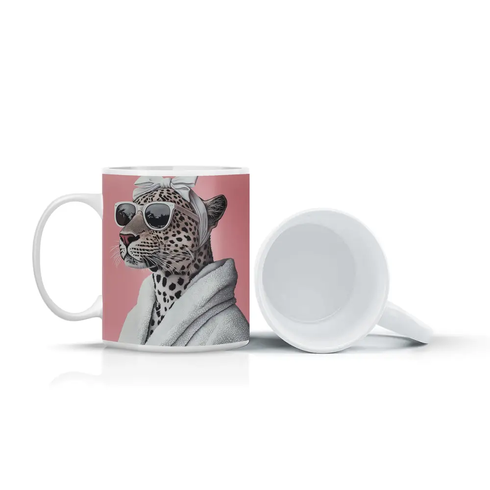 Cheetah Wearing Sunglasses White Robe Pink Background – Mugs