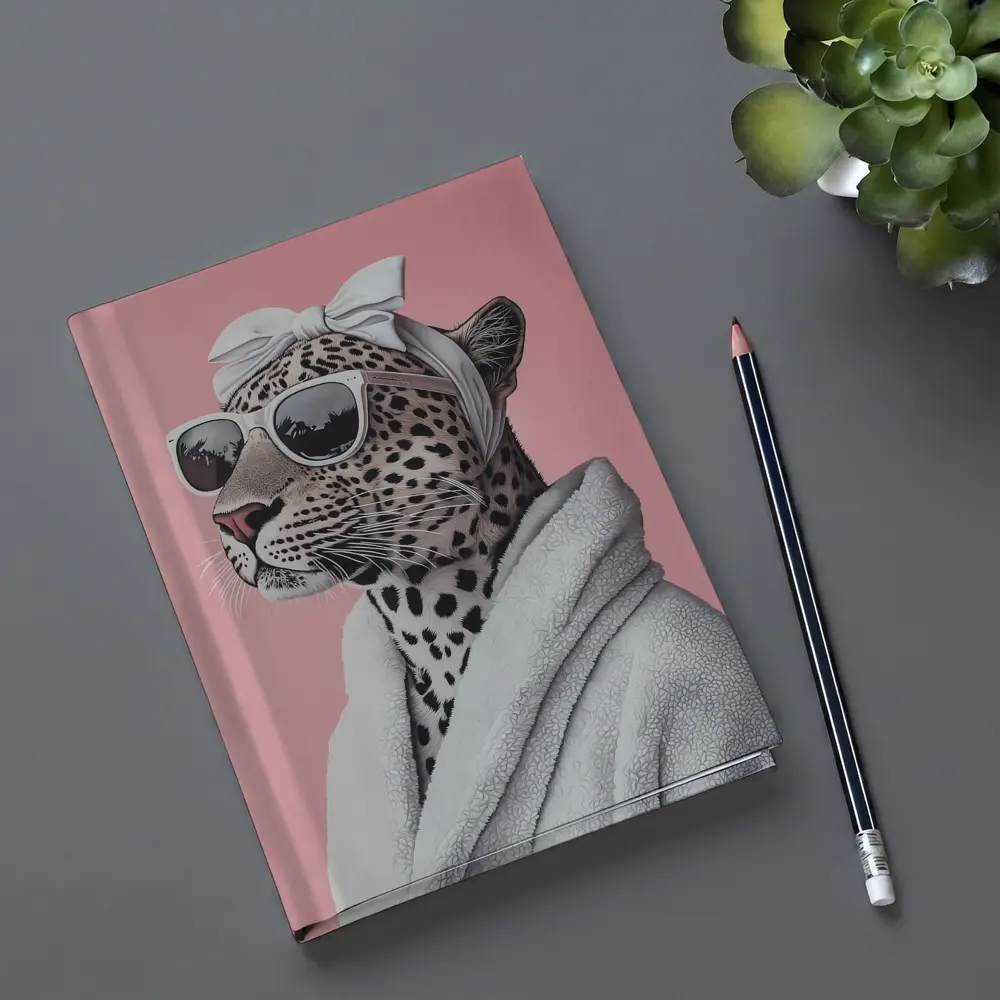 Cheetah Wearing Sunglasses White Robe Pink Background – Notebooks