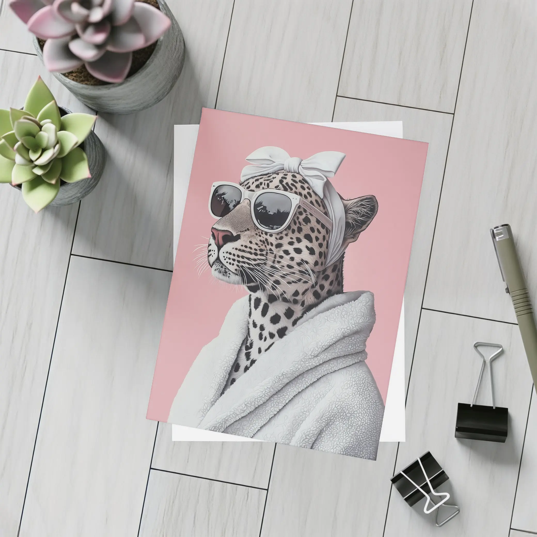Cheetah Wearing Sunglasses White Robe Pink Background – Postcards