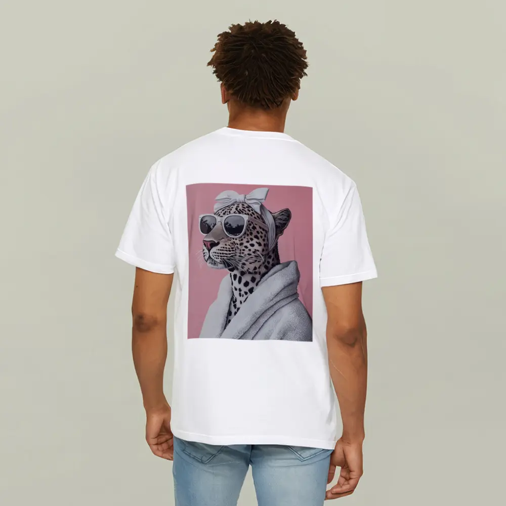 Cheetah Wearing Sunglasses White Robe Pink Background – T-Shirts