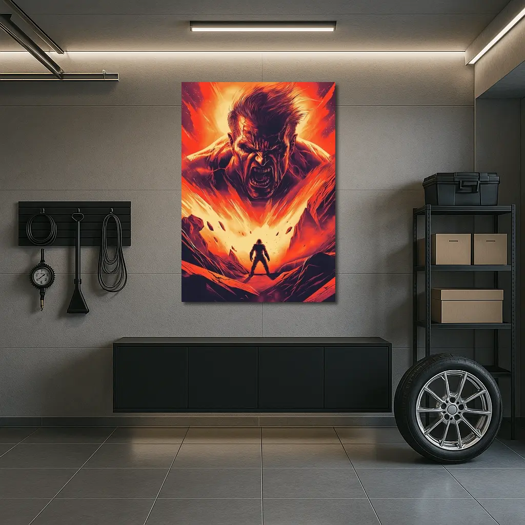 Raging Giant Looms Over Lone Hero – Wall Art