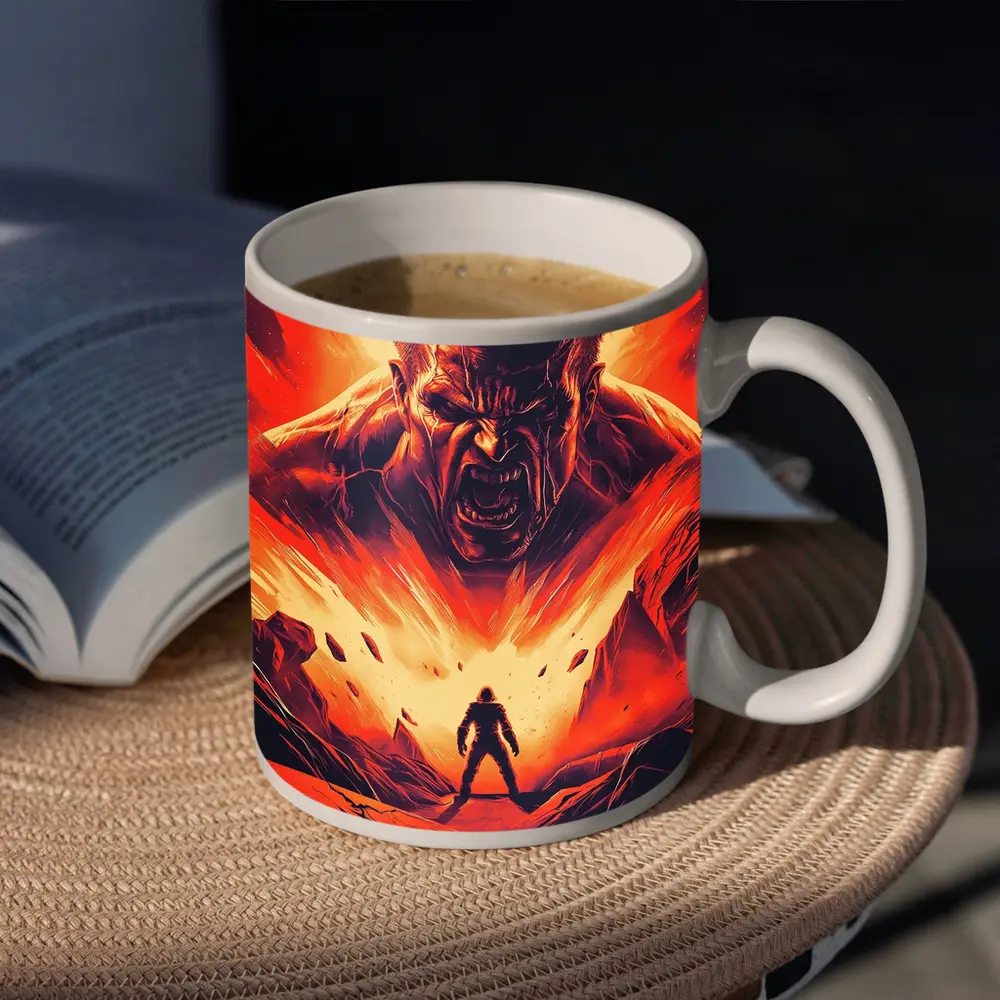 Raging Giant Looms Over Lone Hero – Mugs