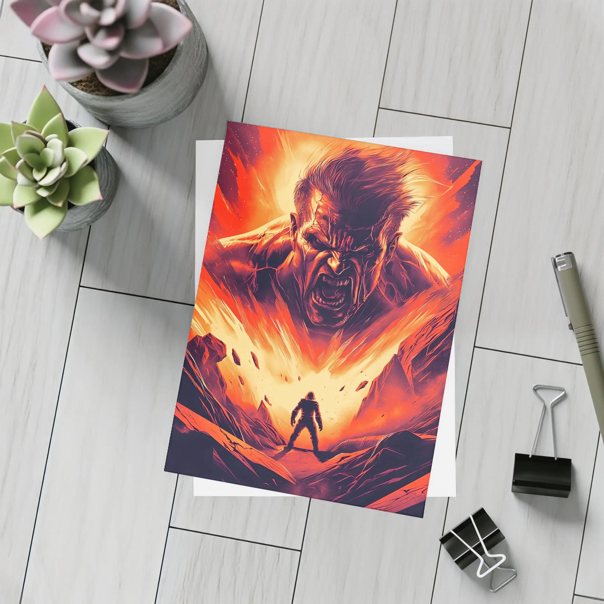 Raging Giant Looms Over Lone Hero – Postcards