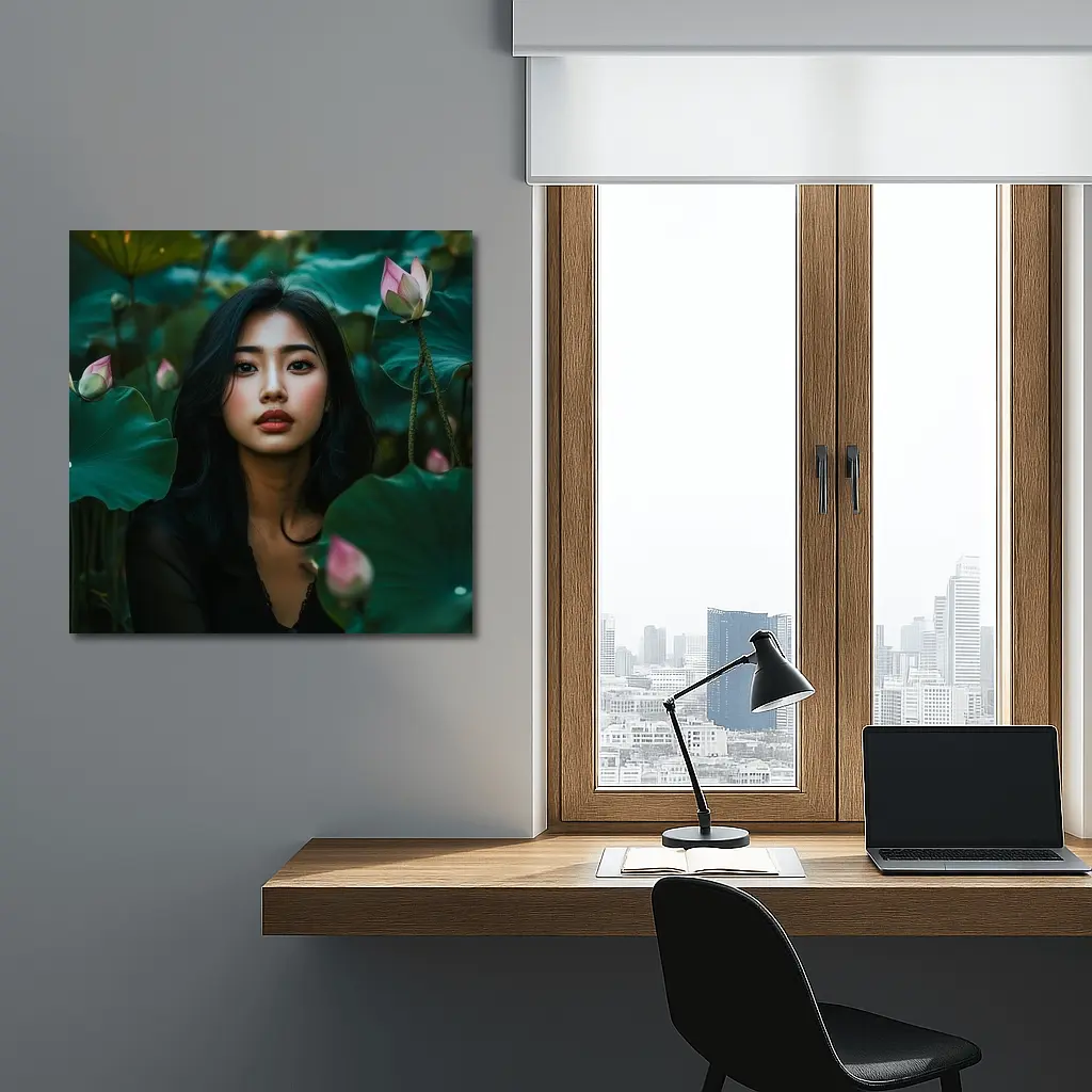 Asian Woman Portrait Among Lotus Flowers – Wall Art