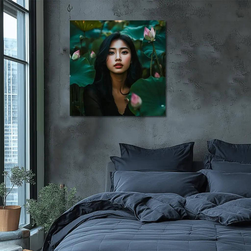 Asian Woman Portrait Among Lotus Flowers – Wall Art
