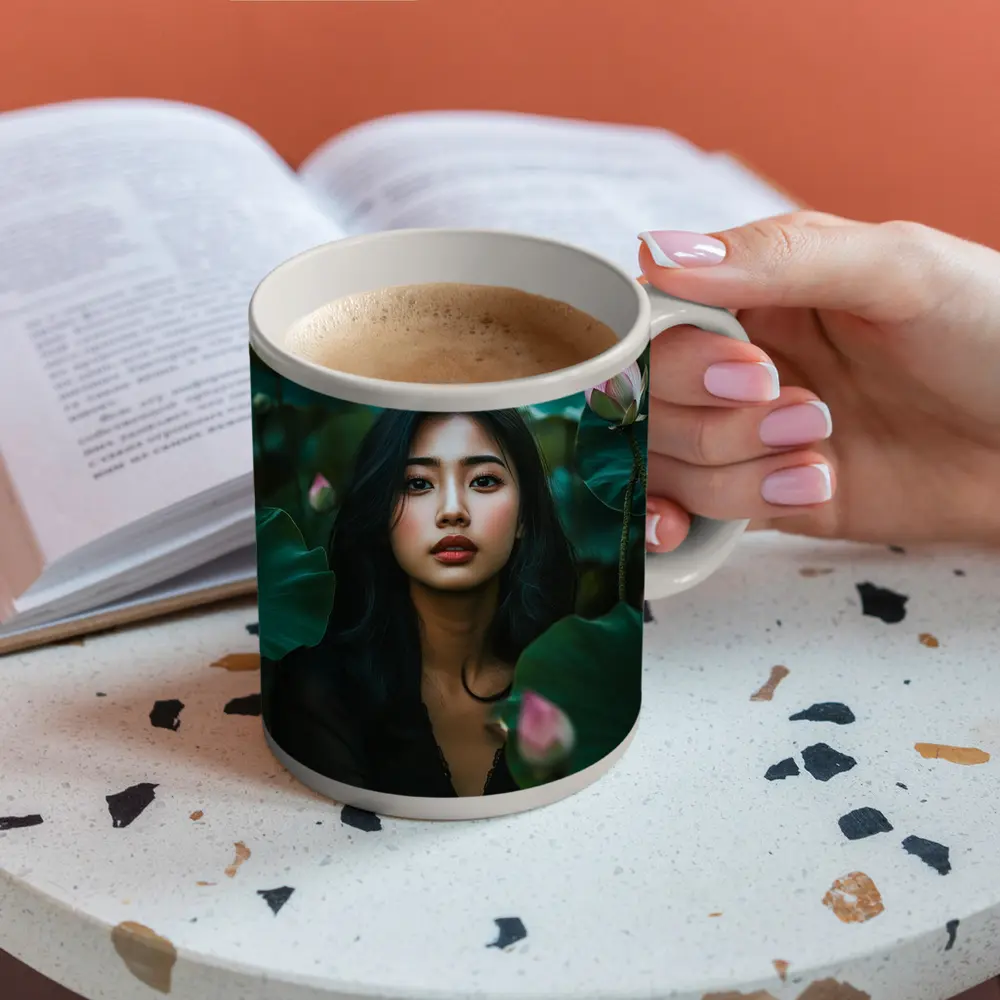 Asian Woman Portrait Among Lotus Flowers – Mugs
