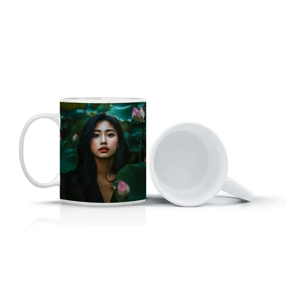 Asian Woman Portrait Among Lotus Flowers – Mugs