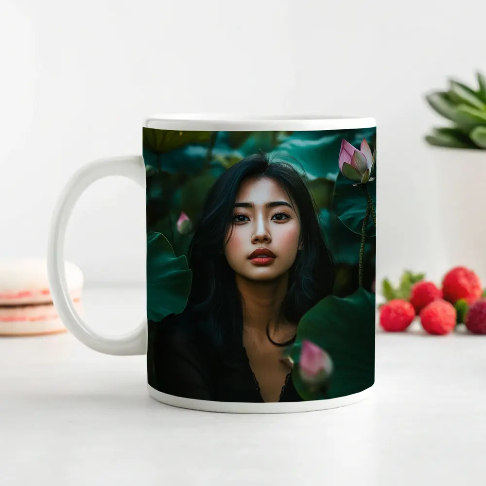 Asian Woman Portrait Among Lotus Flowers – Mugs