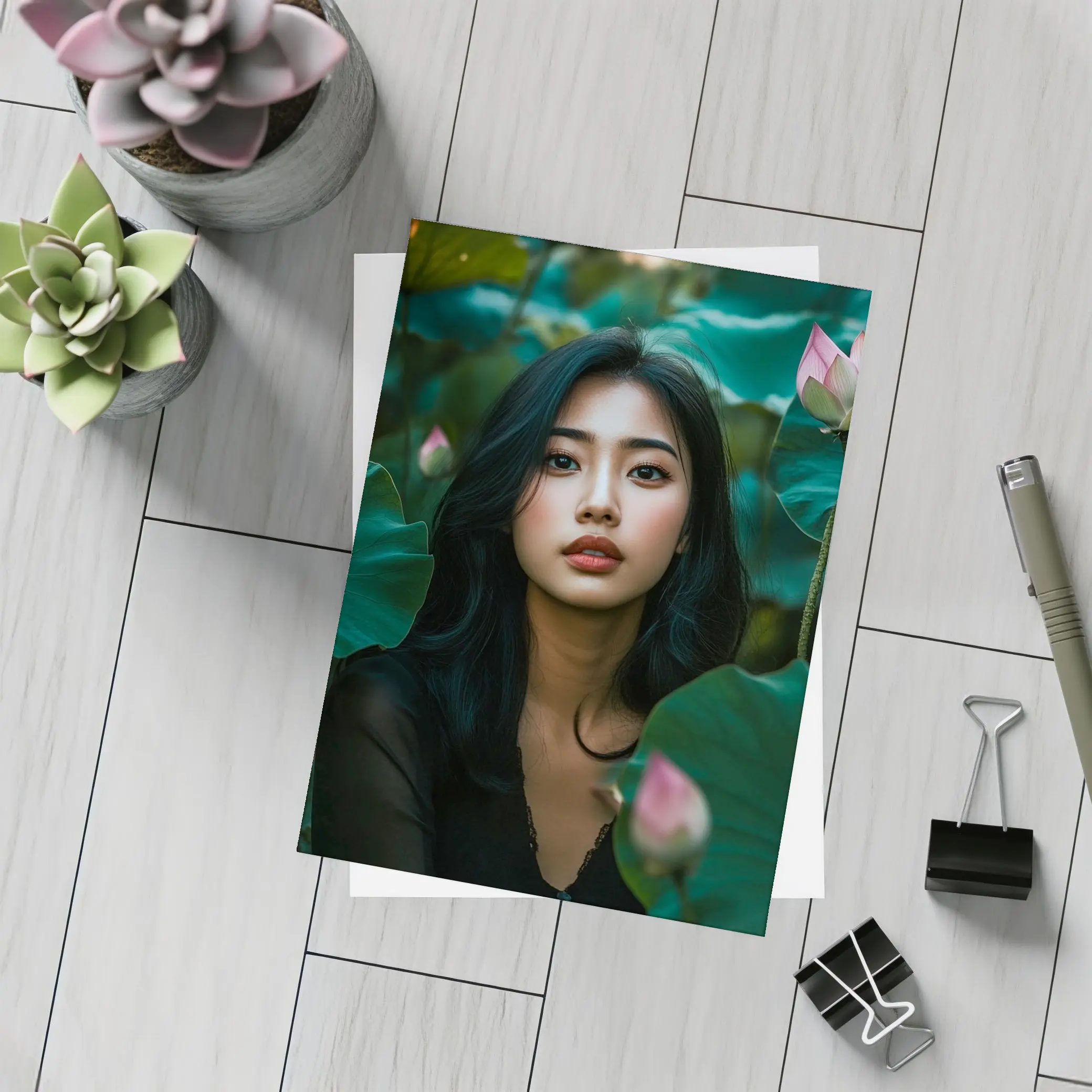 Asian Woman Portrait Among Lotus Flowers – Postcards