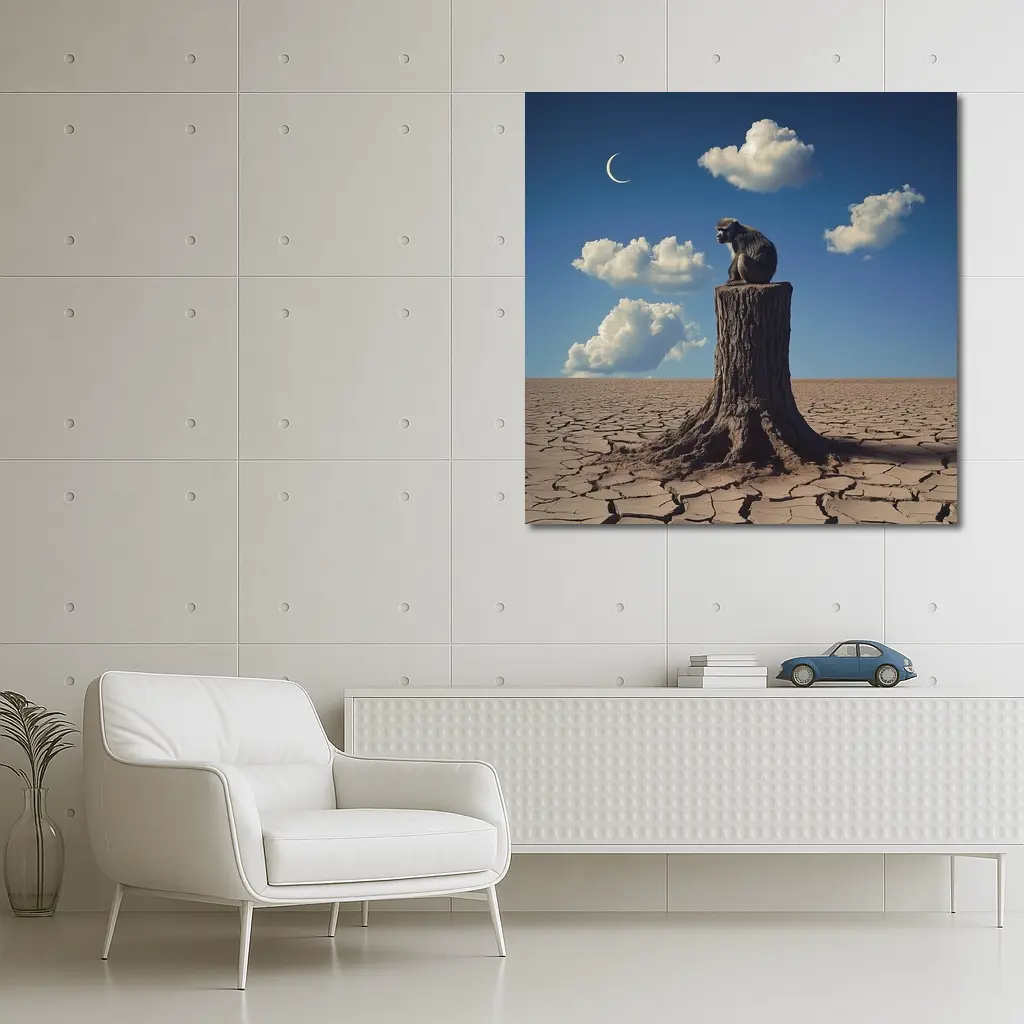 Monkey Sitting On Stump Cracked Desert Sky – Wall Art