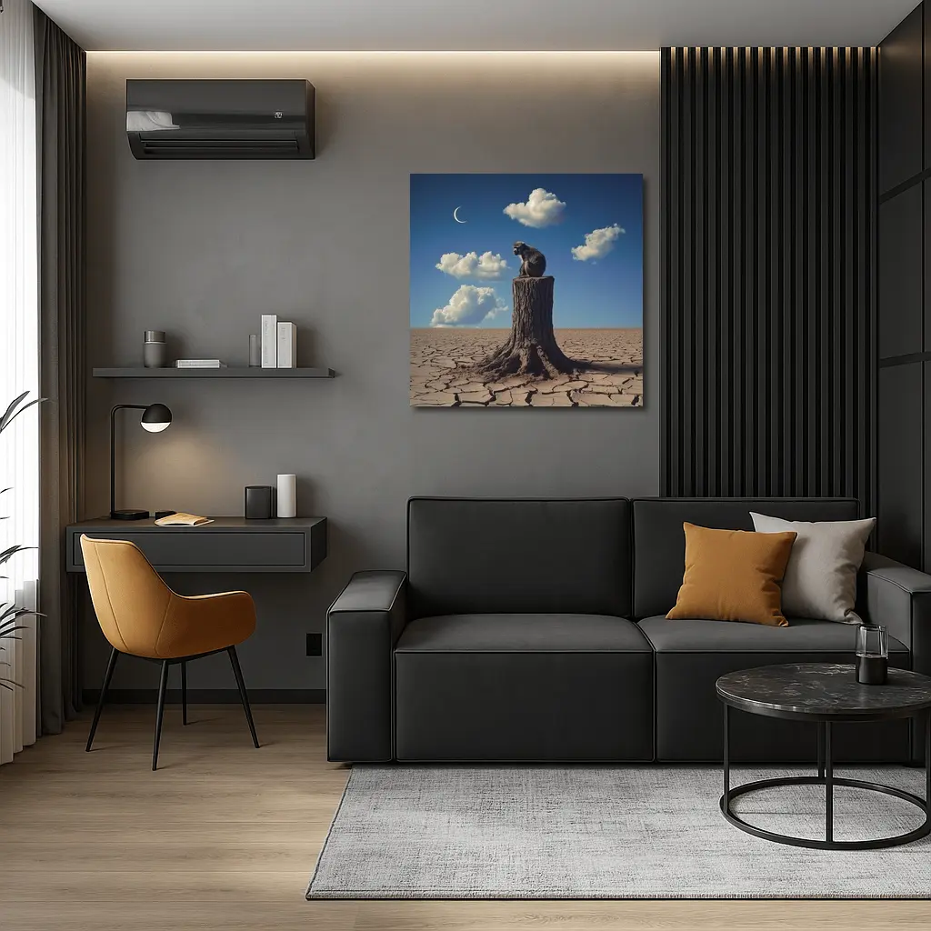 Monkey Sitting On Stump Cracked Desert Sky – Wall Art