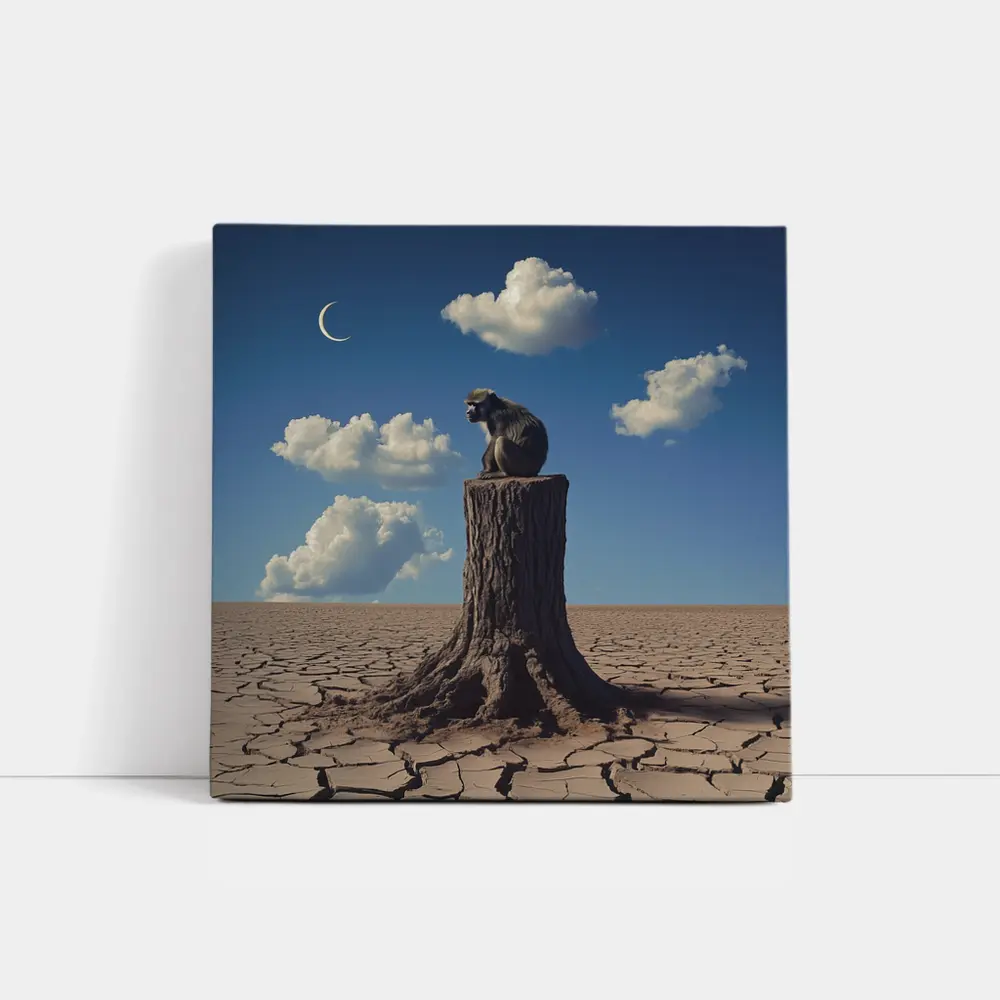 Monkey Sitting On Stump Cracked Desert Sky – Wall Art