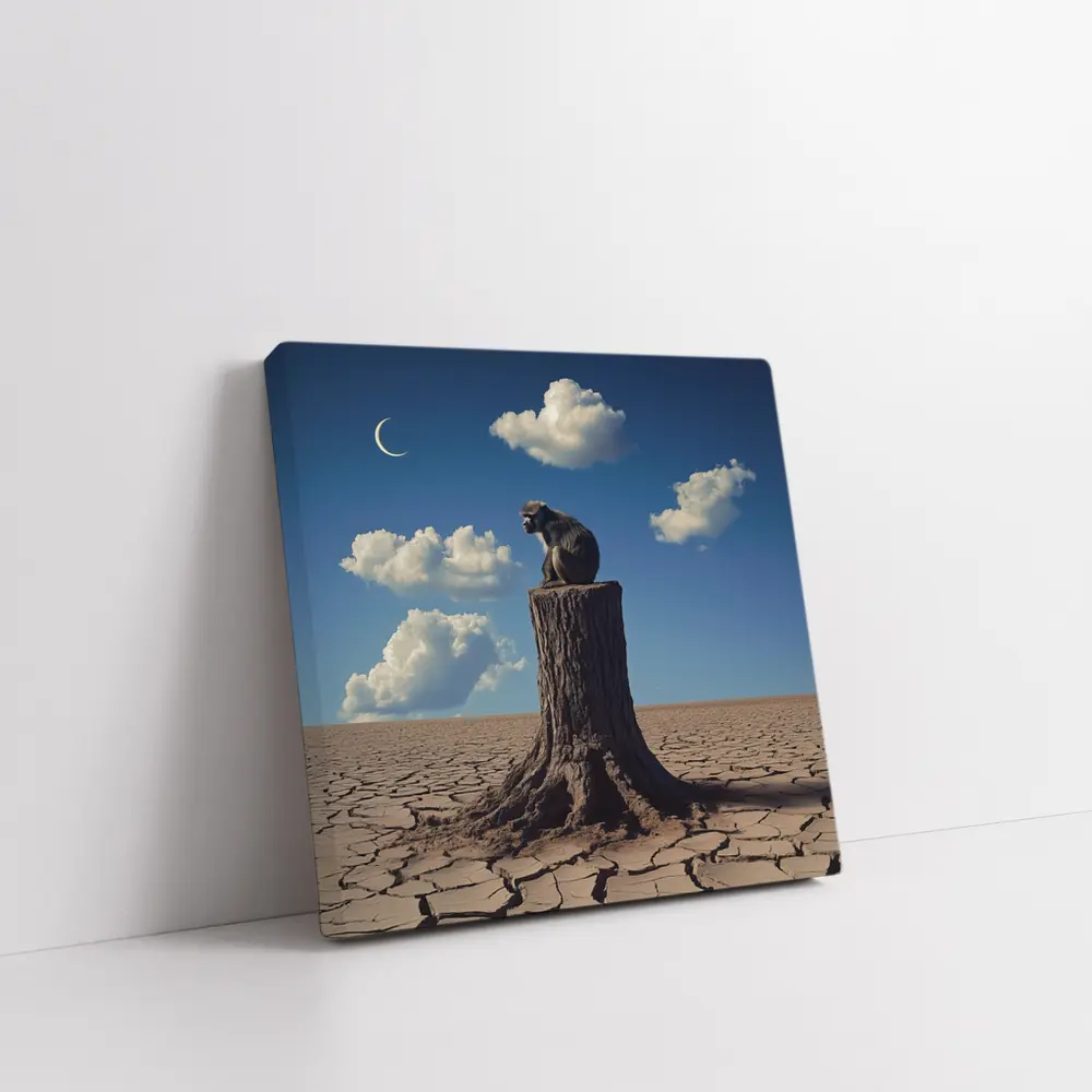 Monkey Sitting On Stump Cracked Desert Sky – Wall Art