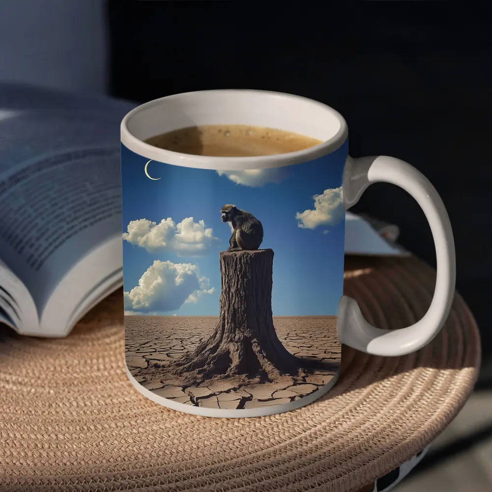 Monkey Sitting On Stump Cracked Desert Sky – Mugs