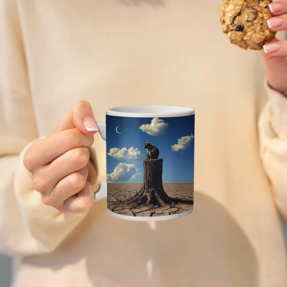 Monkey Sitting On Stump Cracked Desert Sky – Mugs