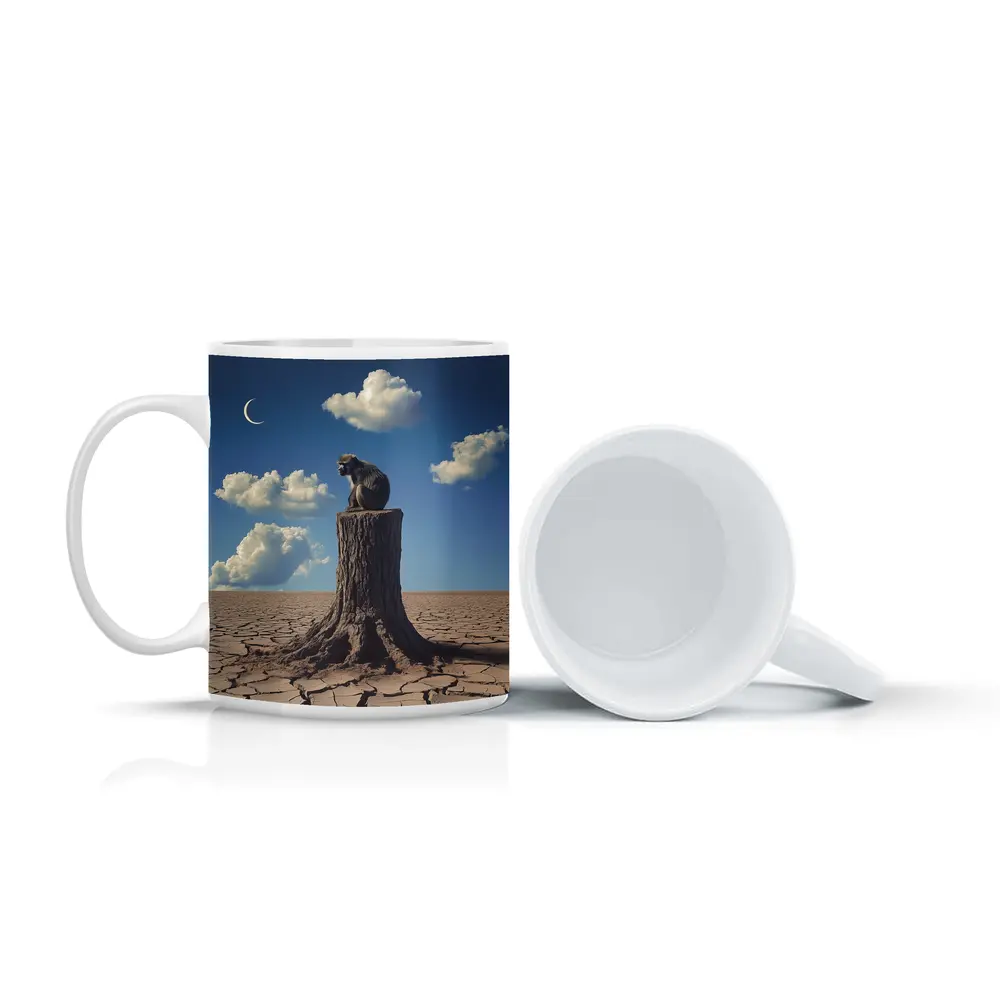 Monkey Sitting On Stump Cracked Desert Sky – Mugs