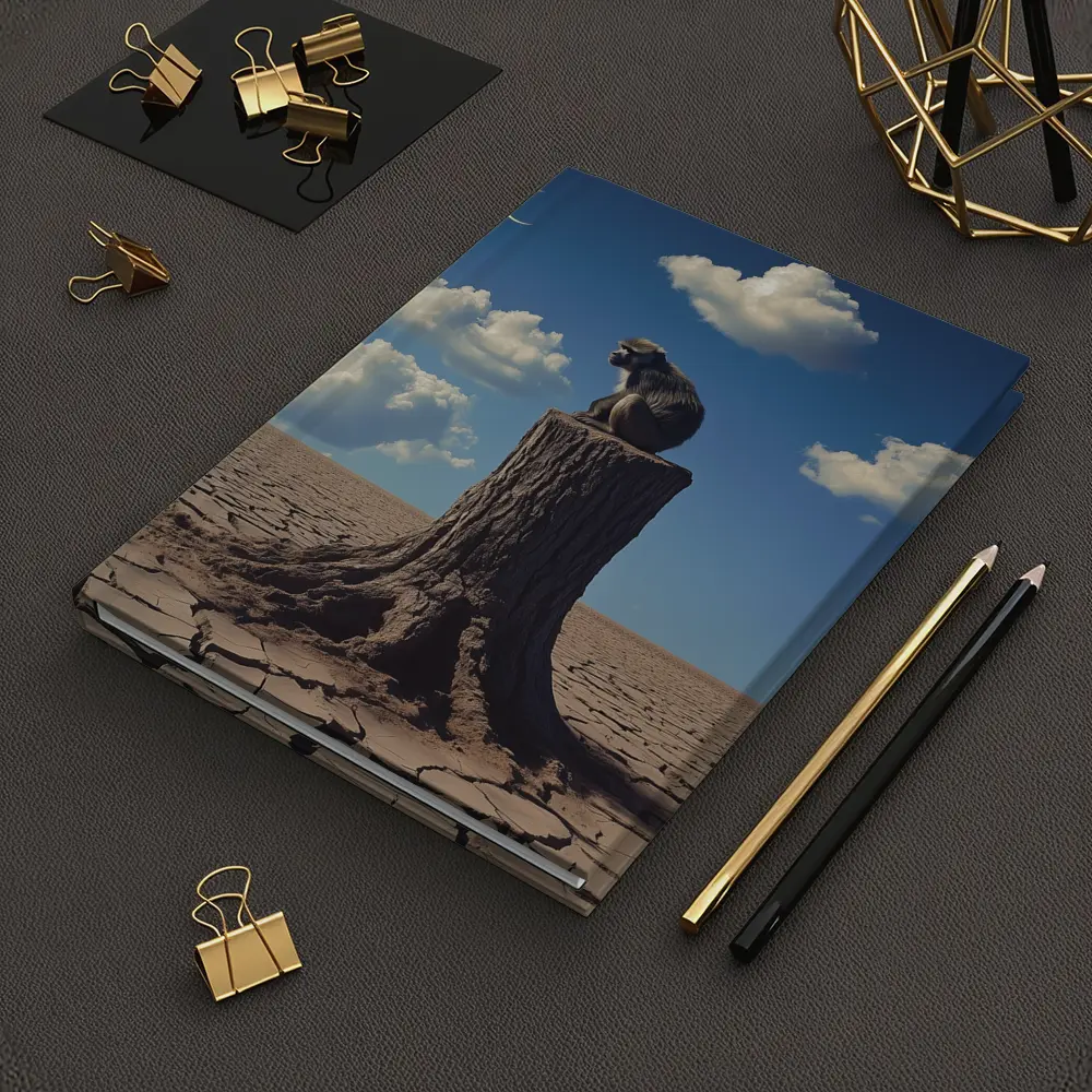 Monkey Sitting On Stump Cracked Desert Sky – Notebooks