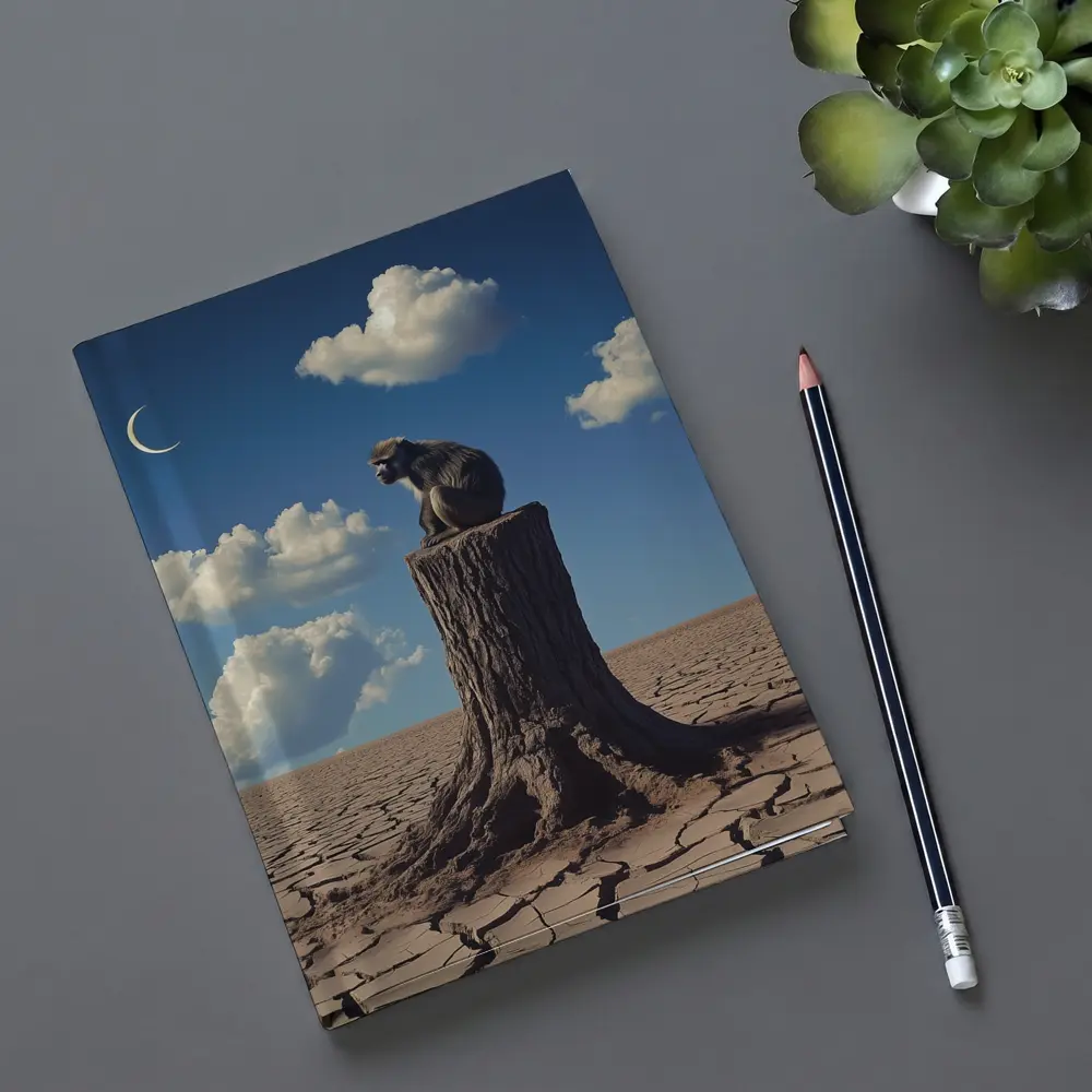 Monkey Sitting On Stump Cracked Desert Sky – Notebooks