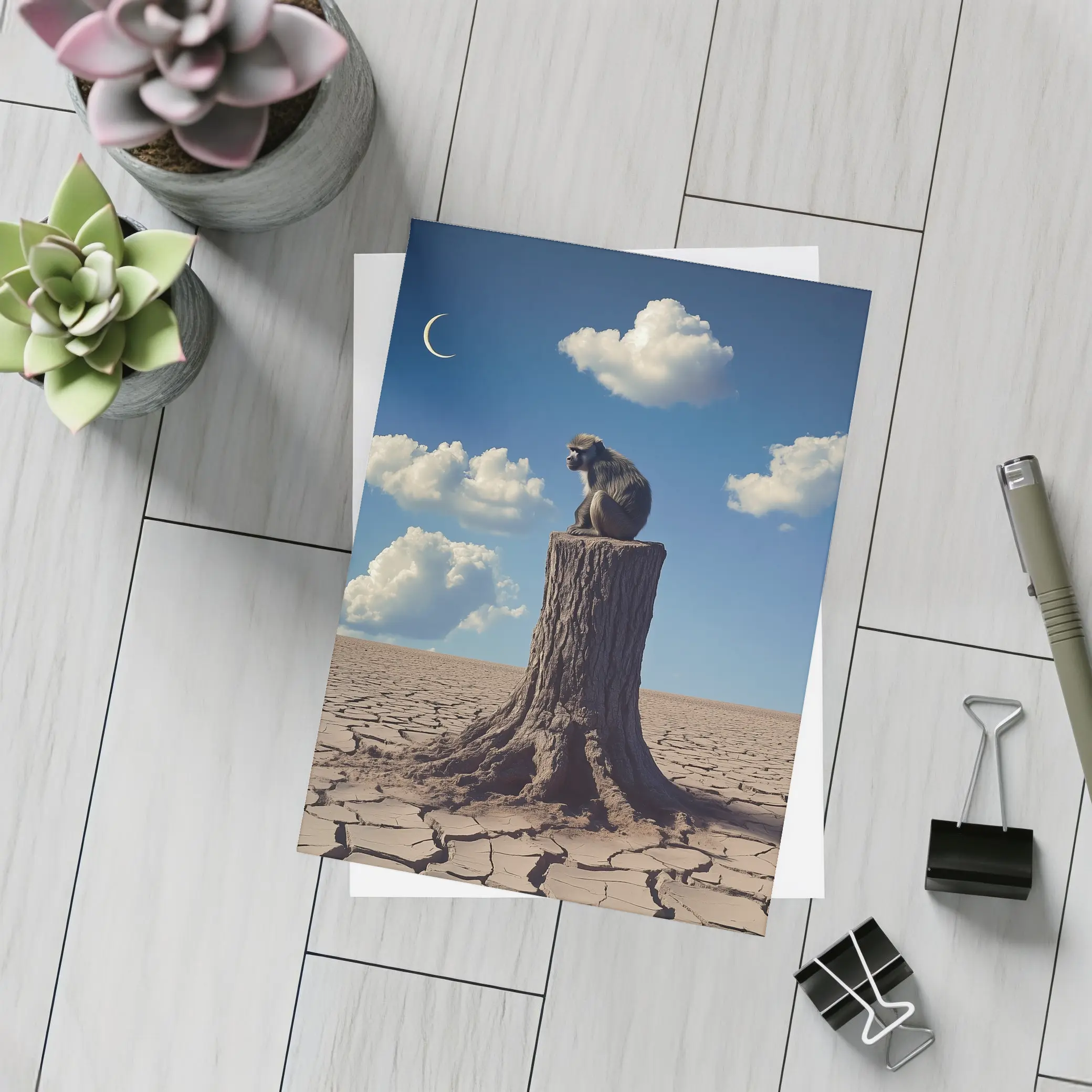 Monkey Sitting On Stump Cracked Desert Sky – Postcards