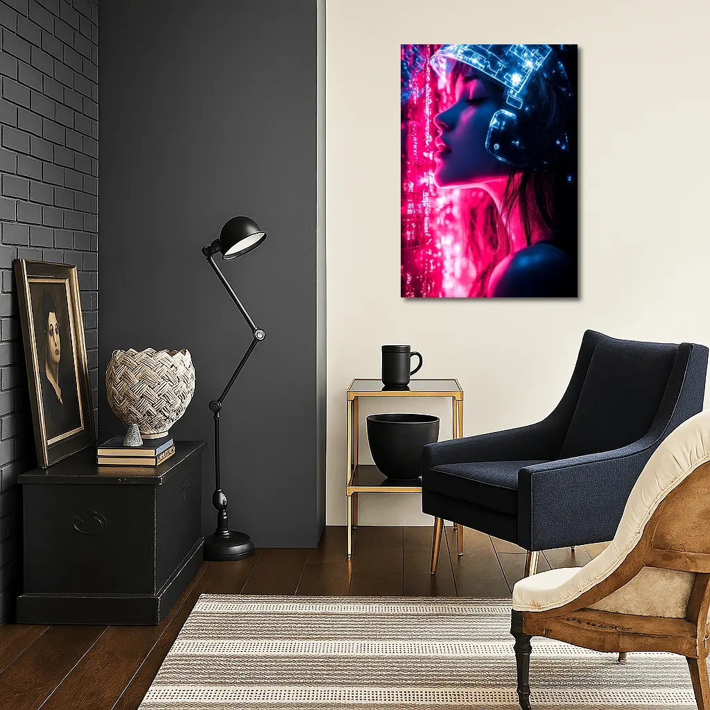 Cyberpunk Woman Neon Circuit Helmet Dark – Wall Art