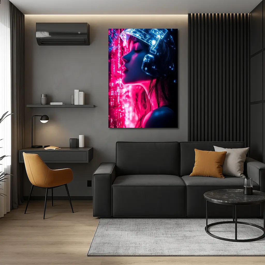 Cyberpunk Woman Neon Circuit Helmet Dark – Wall Art