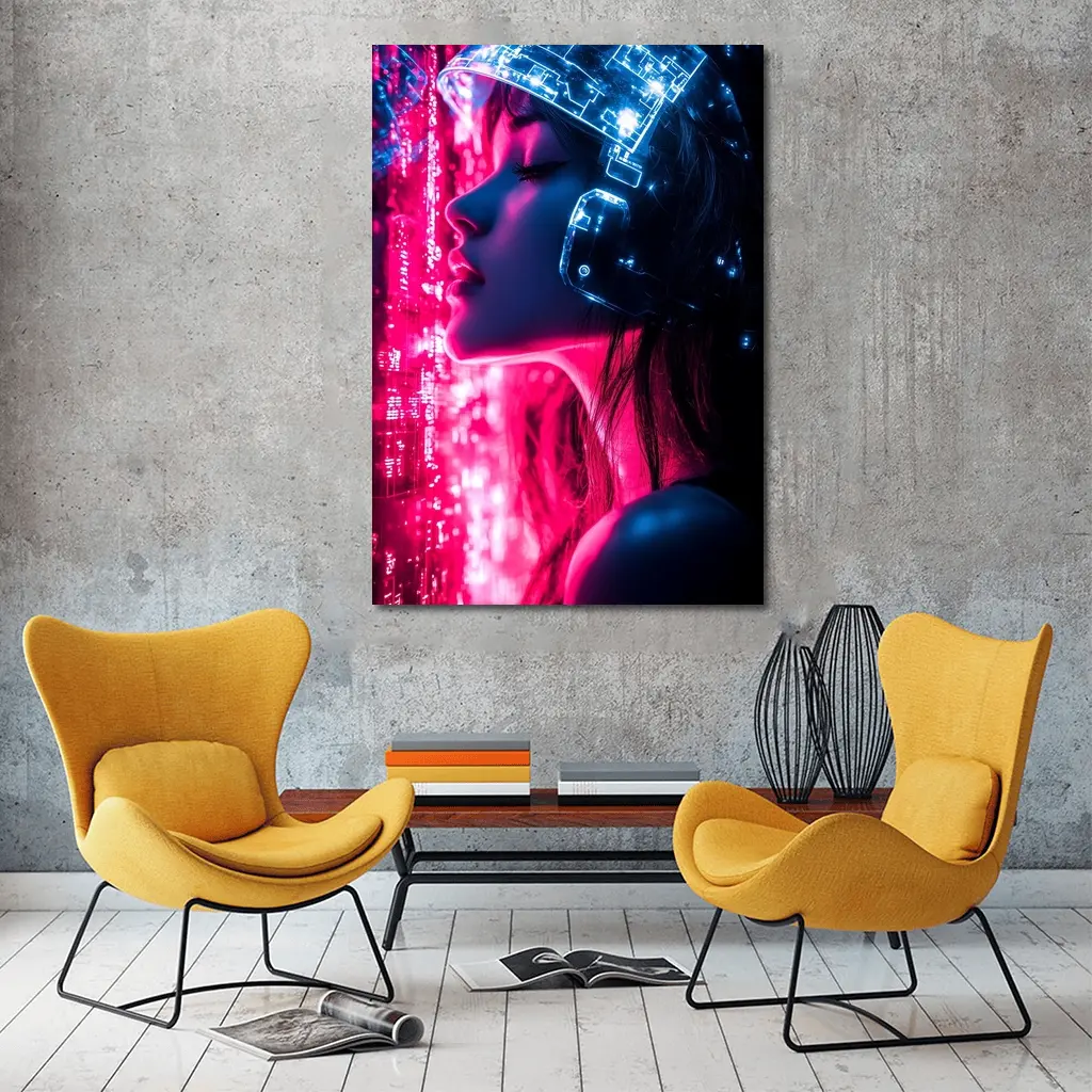 Cyberpunk Woman Neon Circuit Helmet Dark – Wall Art