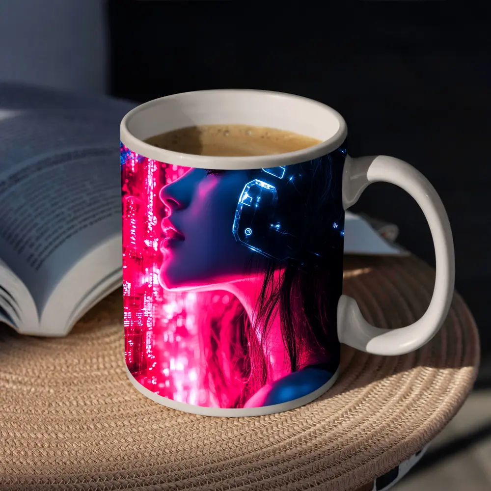 Cyberpunk Woman Neon Circuit Helmet Dark – Mugs