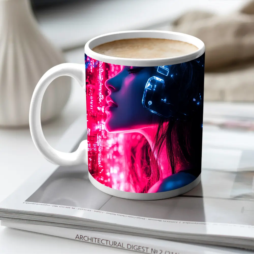 Cyberpunk Woman Neon Circuit Helmet Dark – Mugs
