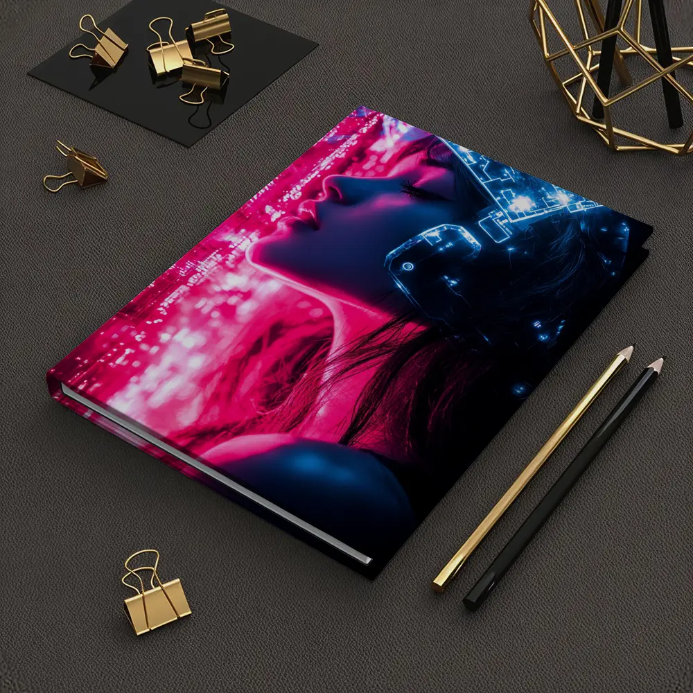 Cyberpunk Woman Neon Circuit Helmet Dark – Notebooks